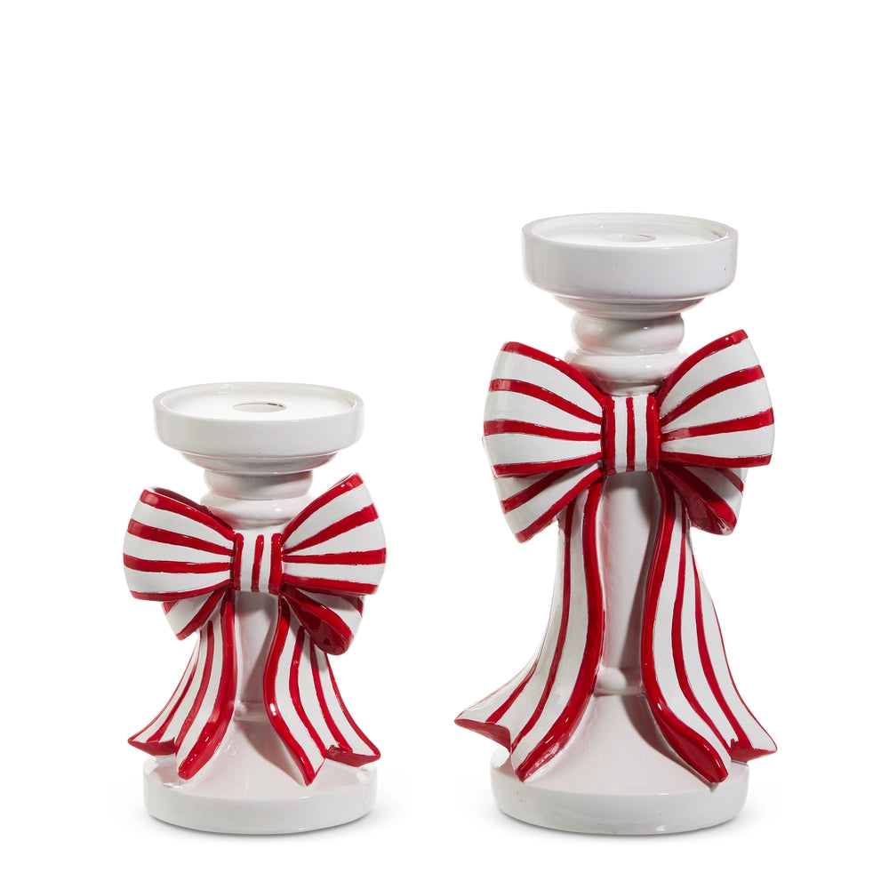 10" Red And White Stripe Bow Candle Holders