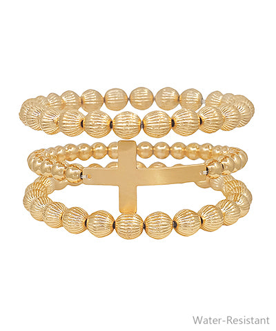 3 Stack Cross Solid Metal Beaded Bracelet