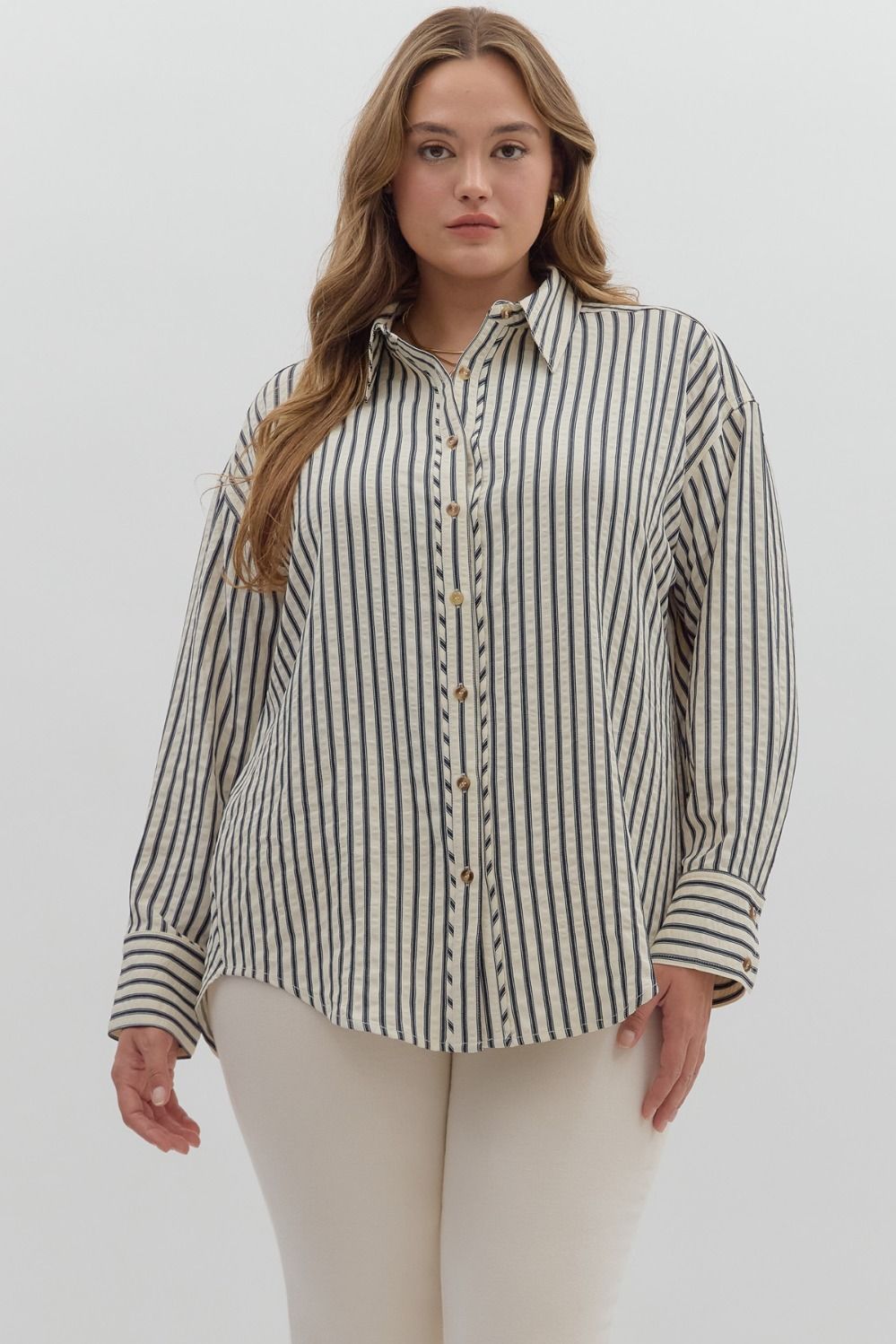 Navy Textured striped pattern long sleeve button down collar shirt