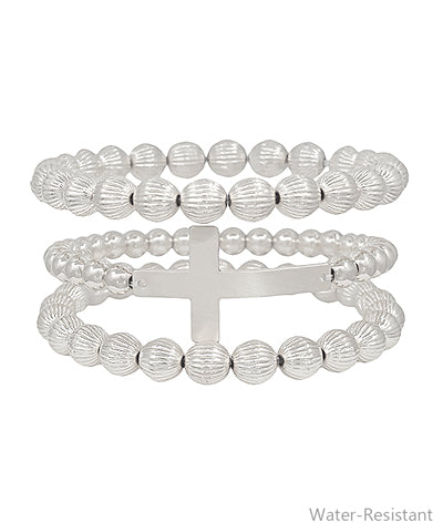 3 Stack Cross Solid Metal Beaded Bracelet