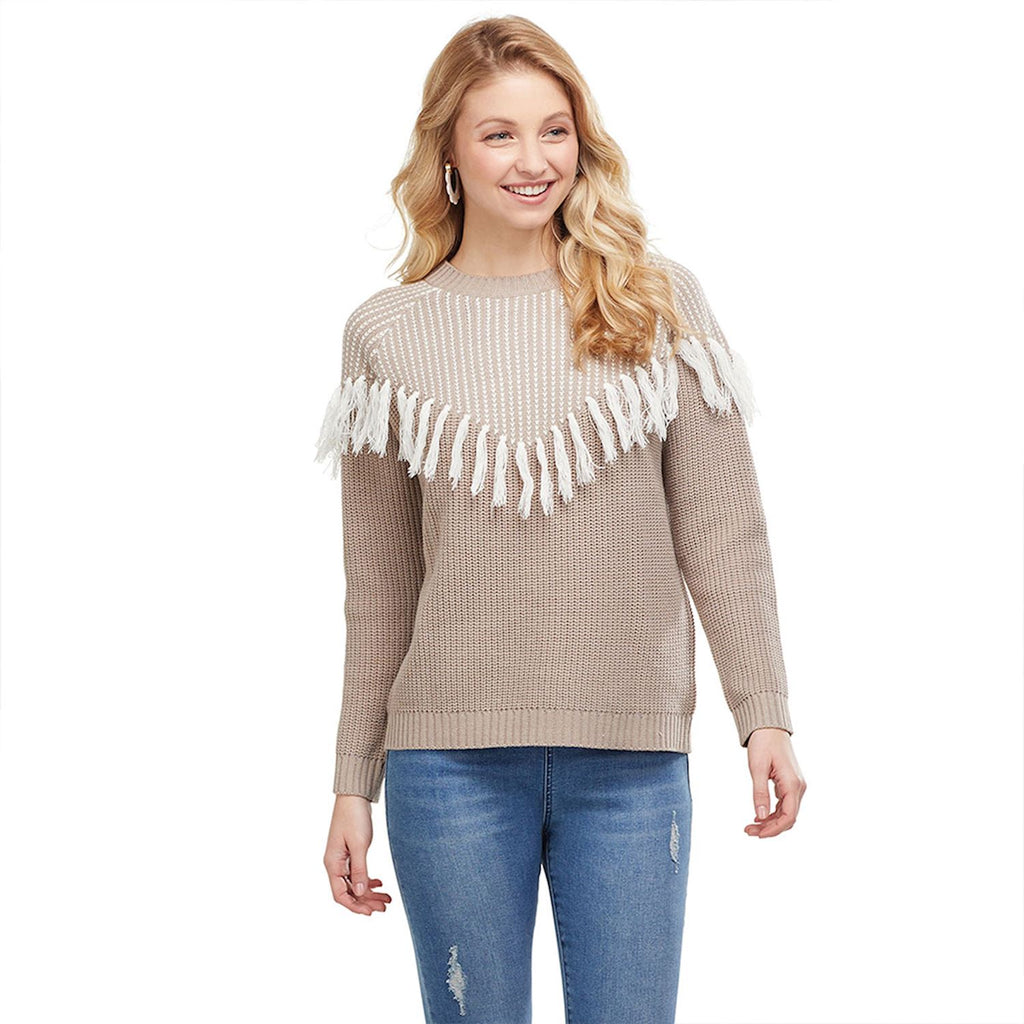 TAUPE LEO FRINGE SWEATER
