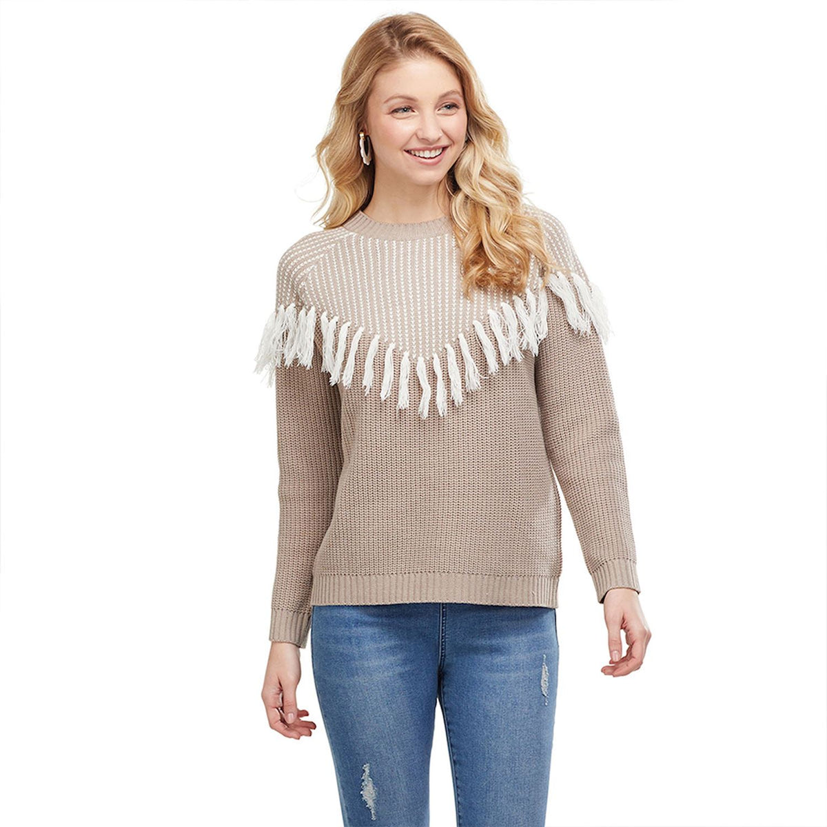 TAUPE LEO FRINGE SWEATER