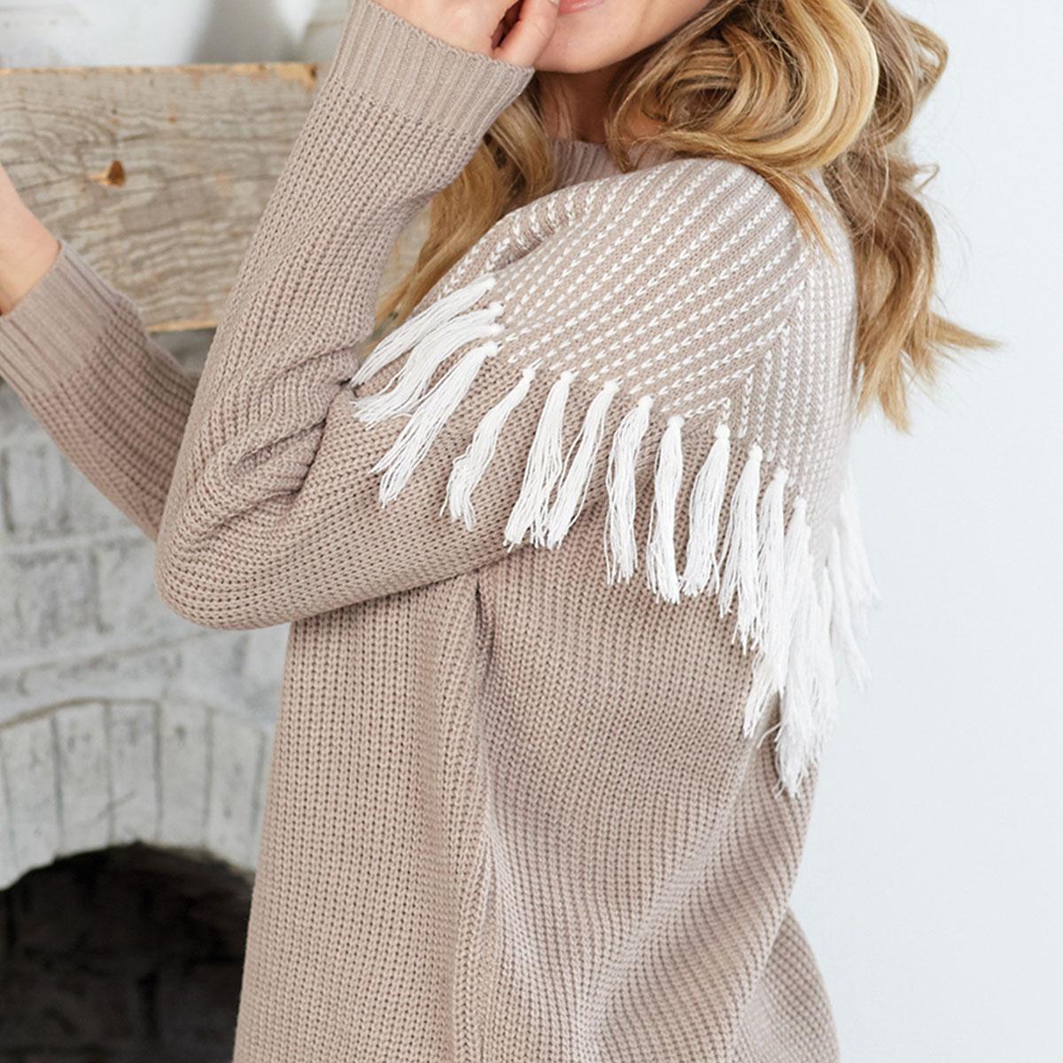 TAUPE LEO FRINGE SWEATER