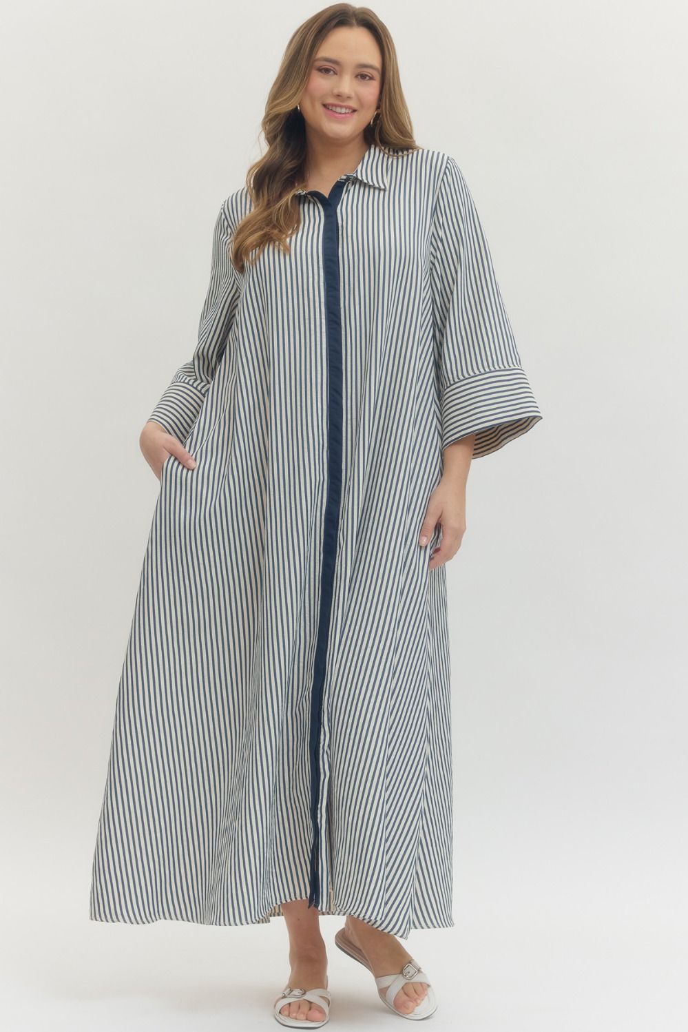 Striped 3/4 Sleeve Midi Dress