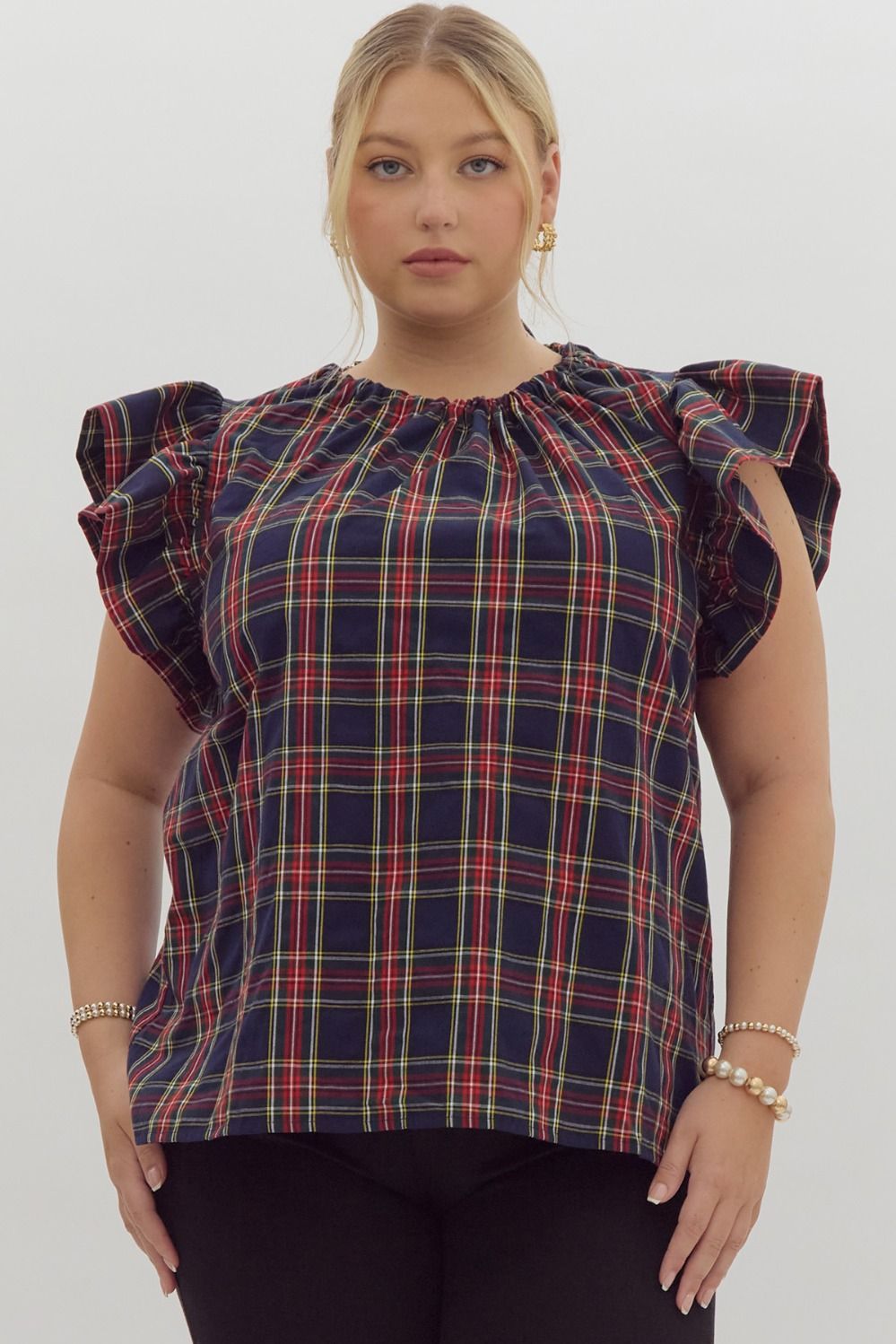 Plaid Ruffle Short Sleeve Top