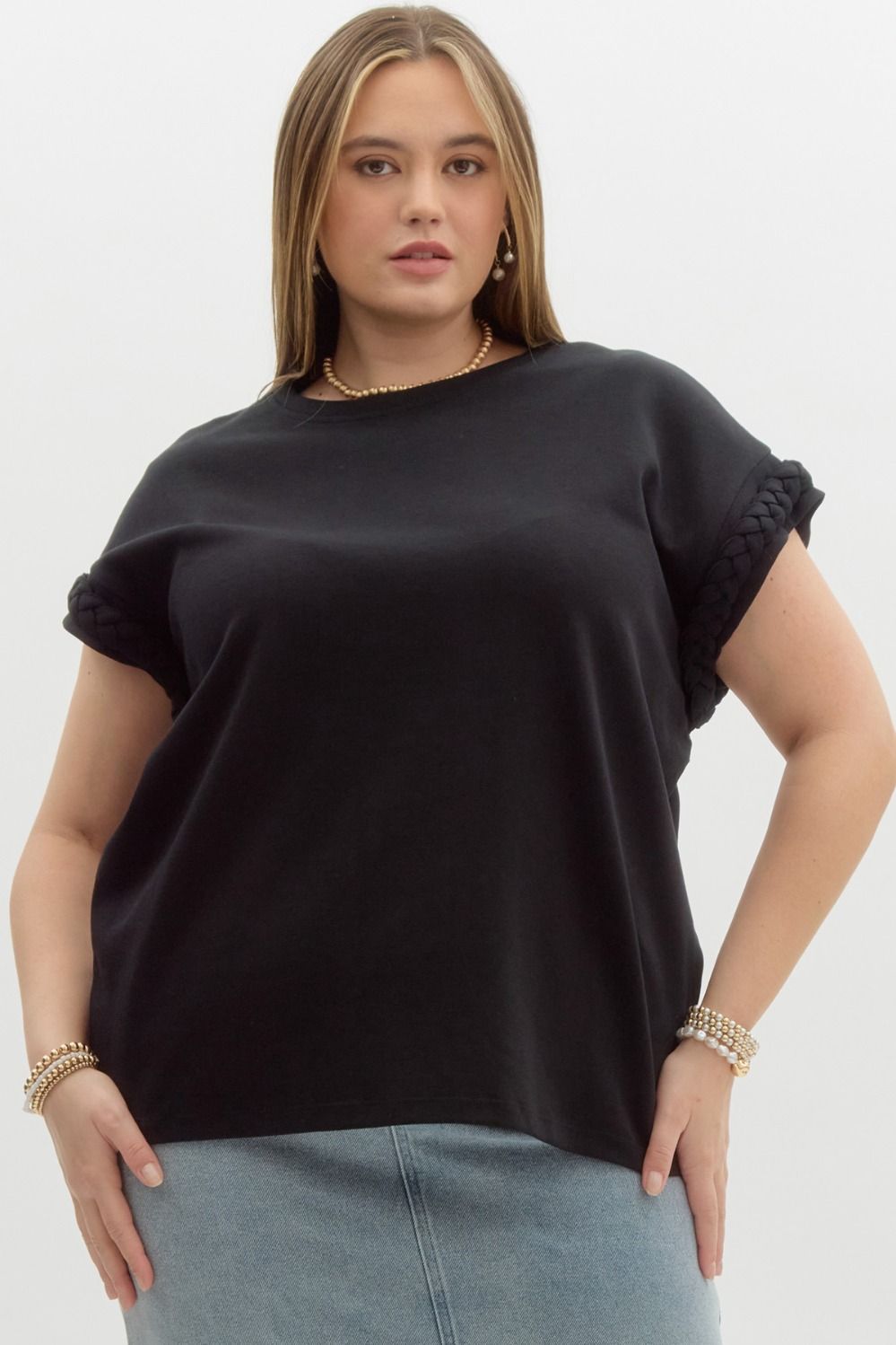 Solid round neck braided sleeve top