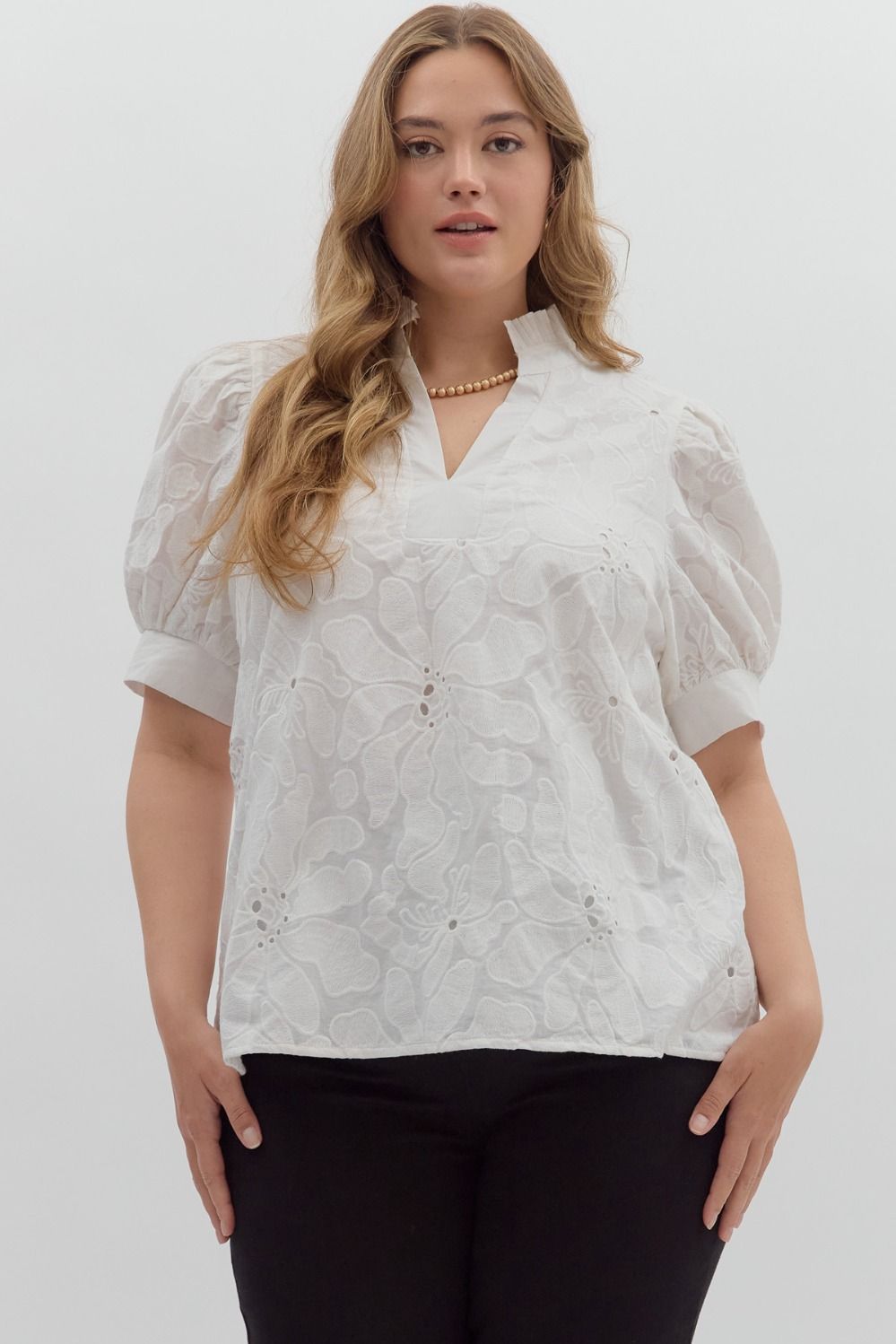 Floral embroidered short puff sleeve top