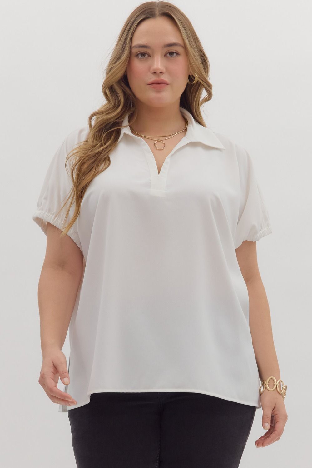 Solid short sleeve split collar side slit hem top