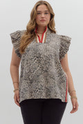 Leopard print puff flutter sleeve pullover top