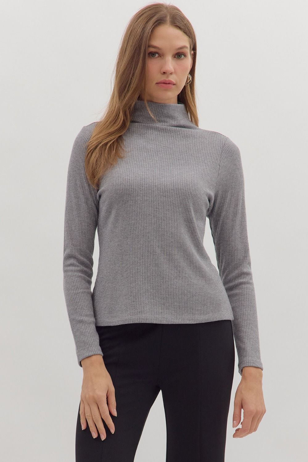 Grey Solid long sleeve ribbed sweater knit top