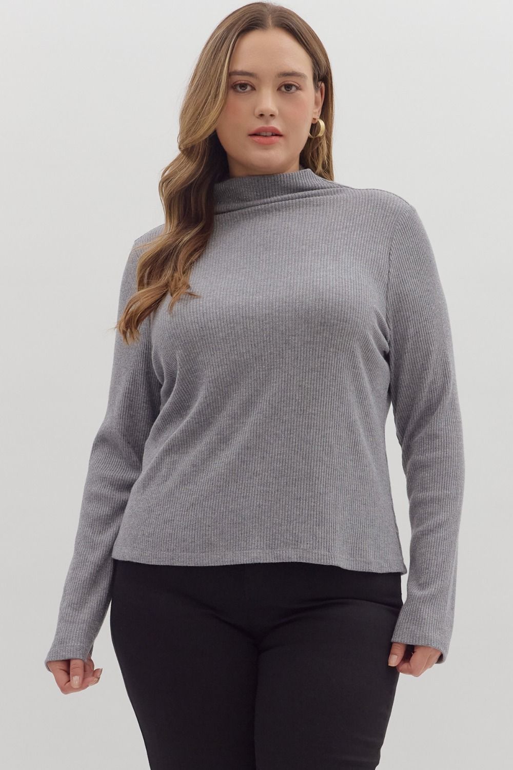 Solid long sleeve ribbed sweater knit top plus size