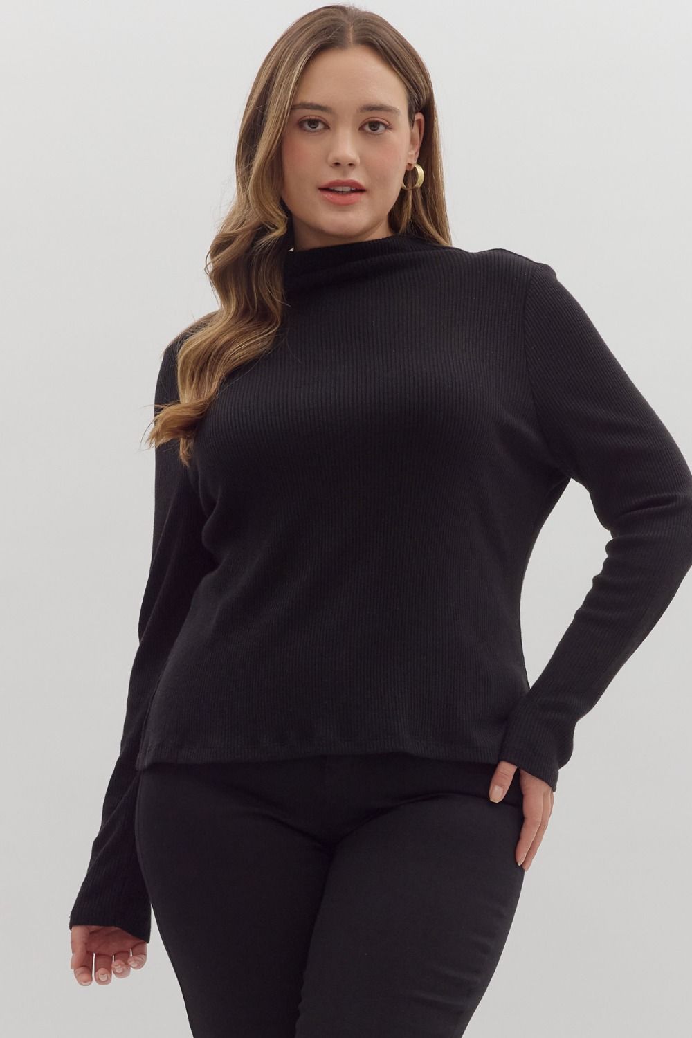 Solid long sleeve ribbed sweater knit top plus size