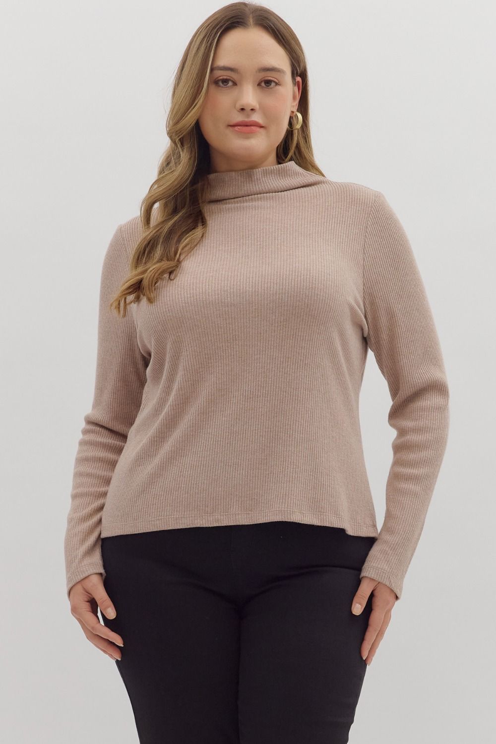 Solid long sleeve ribbed sweater knit top plus size
