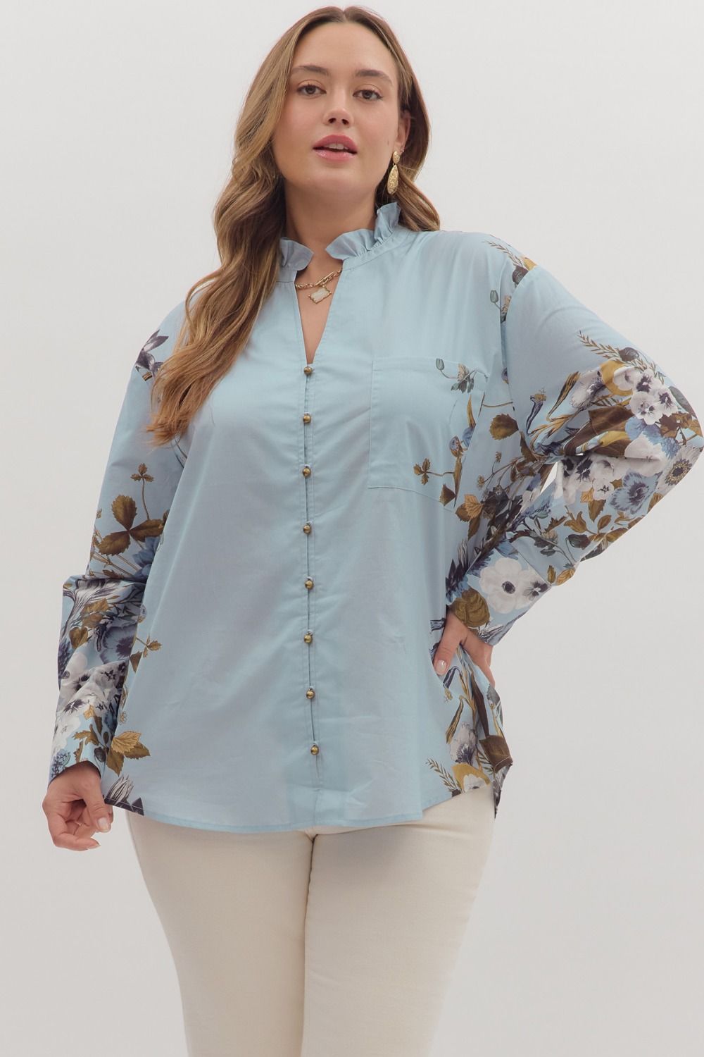 Plus Size Floral print long shirt sleeve top