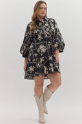 Botanical print ¾ sleeve mini dress