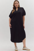 Black Solid short sleeve midi dress